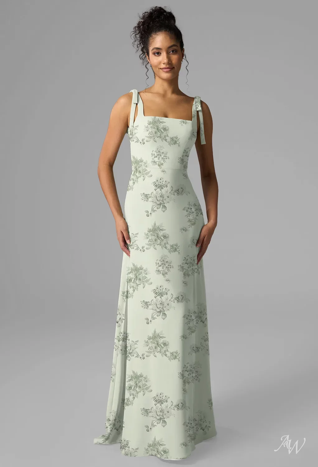 AW.Bridal A-Line Square Neckline Floor Length Bows Split Floral Wedding Guest Dresses Floral Dress Pistachio Green Penoy Size 18