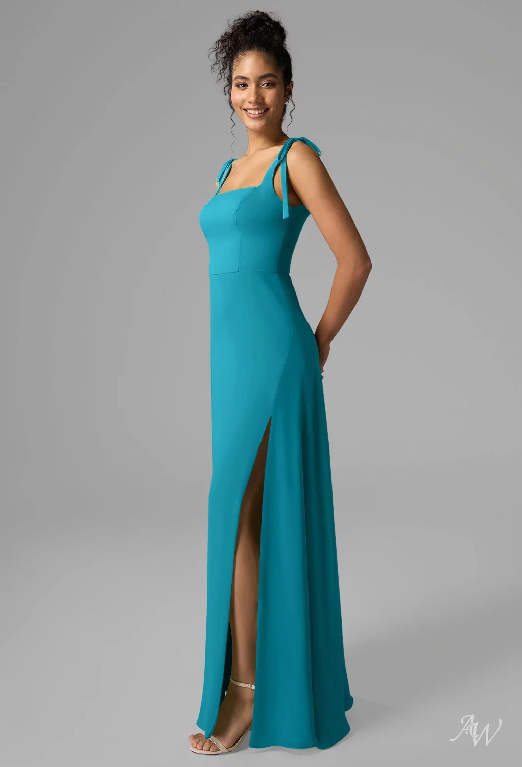 turquoise a line dress Bridesmaid Dresses Turquoise A-Line Spaghetti Straps Cowl Back Floor Length Chiffon Bridesmaid Dresses with Split and Belt