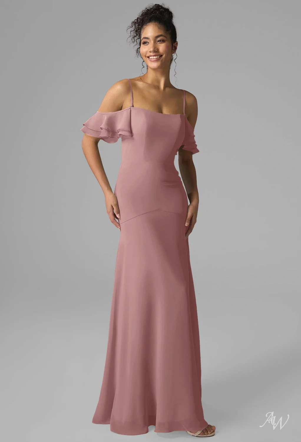 AW.Bridal A-line Square Neckline Floor Length Off the Shoulder Spaghetti Straps Chiffon Wedding Guest Dresses Dusty Rose Size 18