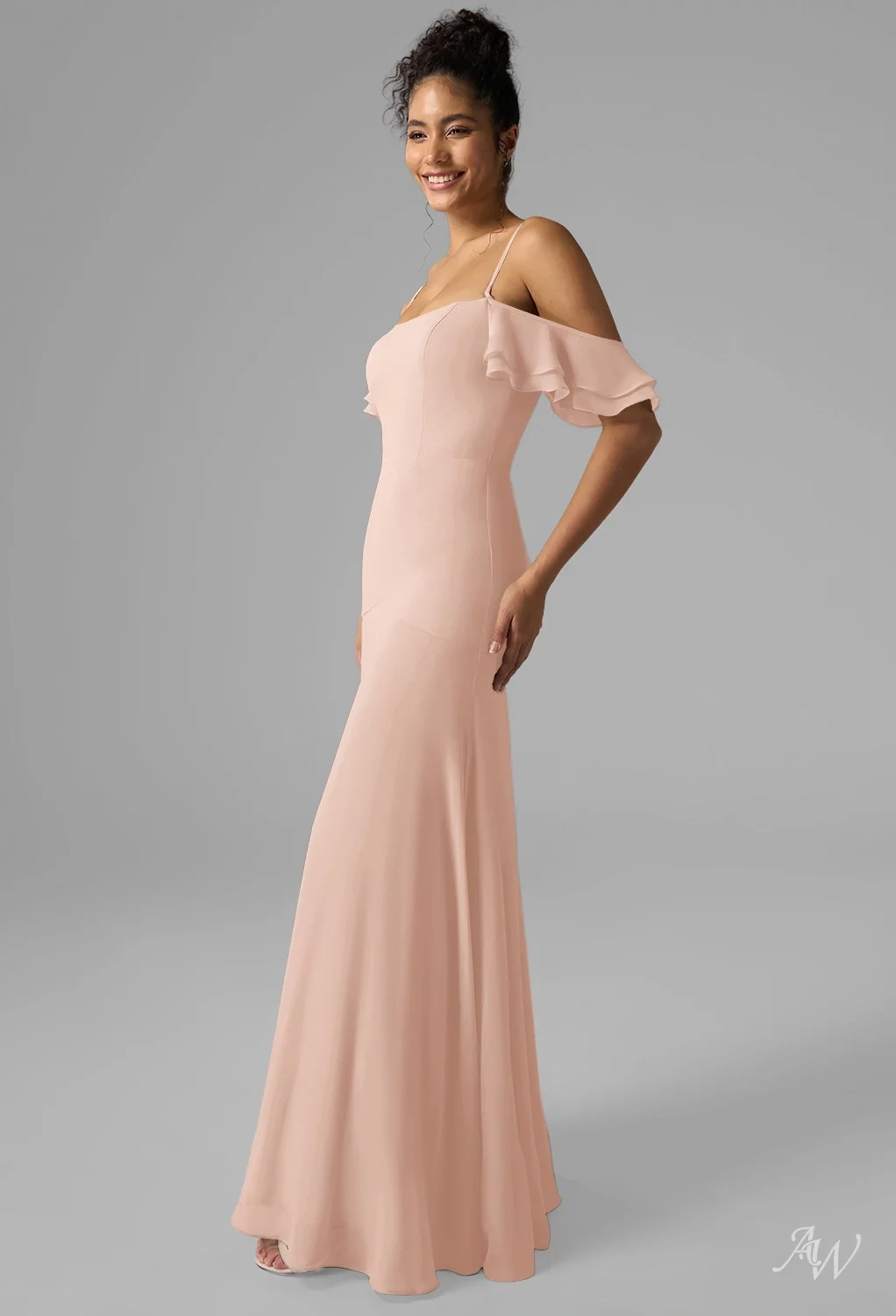 AW.Bridal A-line Square Neckline Floor Length Off the Shoulder Spaghetti Straps Chiffon Wedding Guest Dresses Pearl Pink Size 6