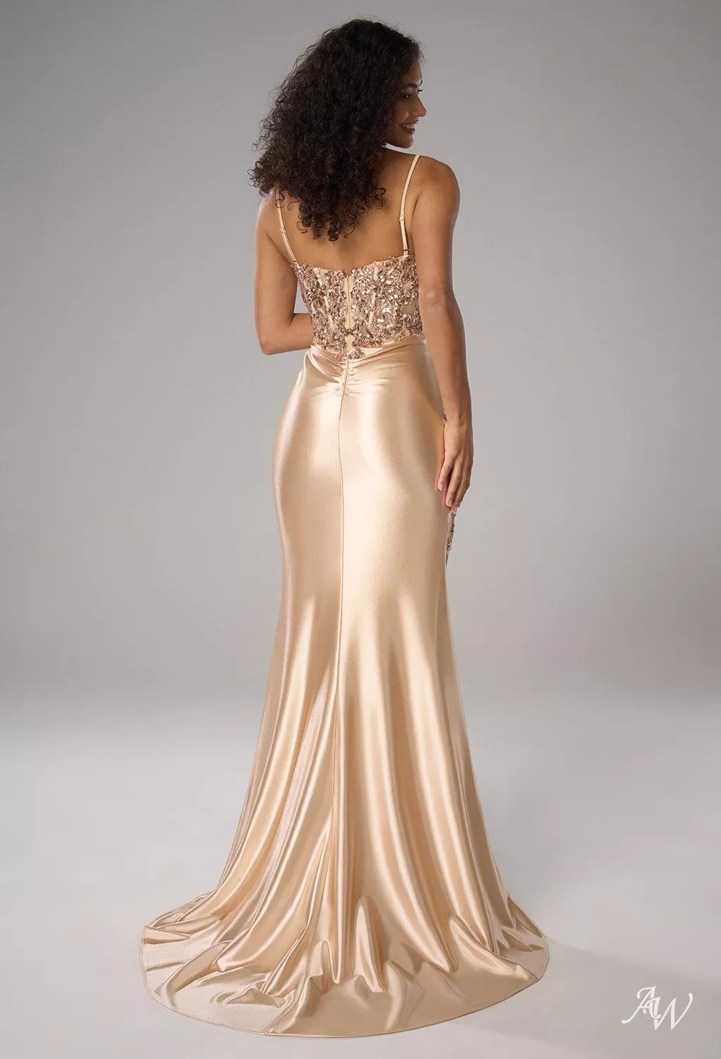 AW.Bridal 2026 Mermaid V-Neck Floor Length Sleeveless Spaghetti Straps Knitted Fabric Sequin Corset Split Prom Dresses Champagne Size 8