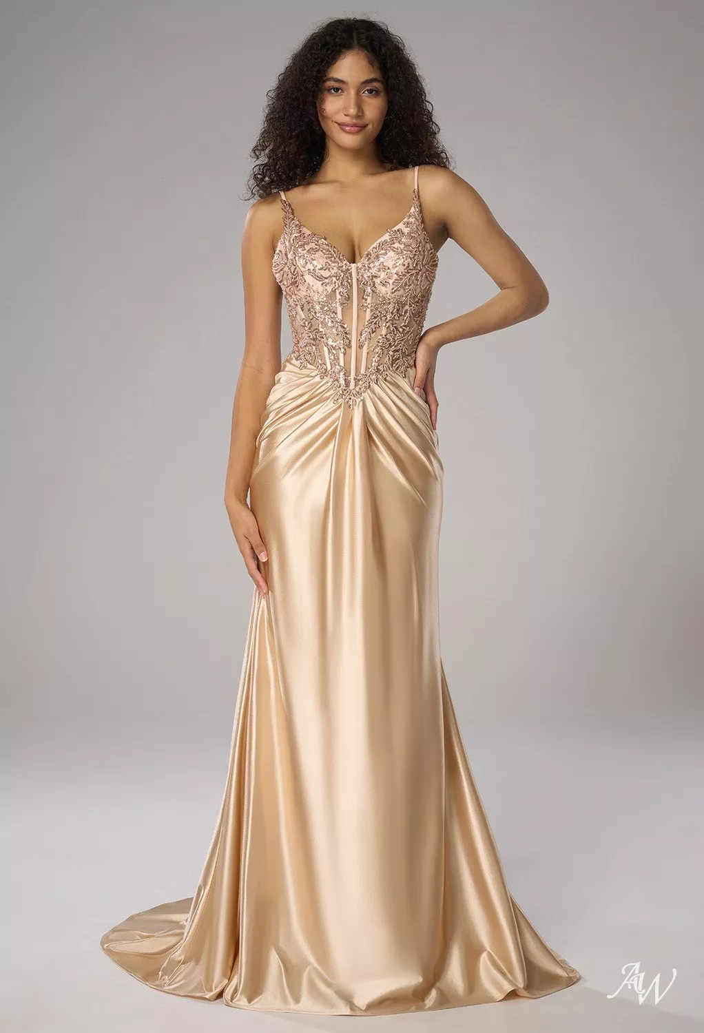 2026 Mermaid V-Neck Floor Length Sleeveless Spaghetti Straps Knitted Fabric Prom Dresses Champagne Size 8