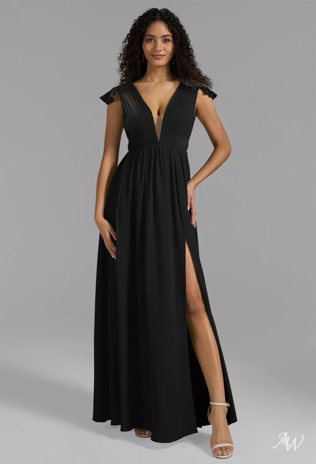 black short sleeve bridesmaid dress AW.Bridal A-line V-Neck Floor Length Short Sleeves Ruching Split Wedding Guest Dresses Dress Black Size 4