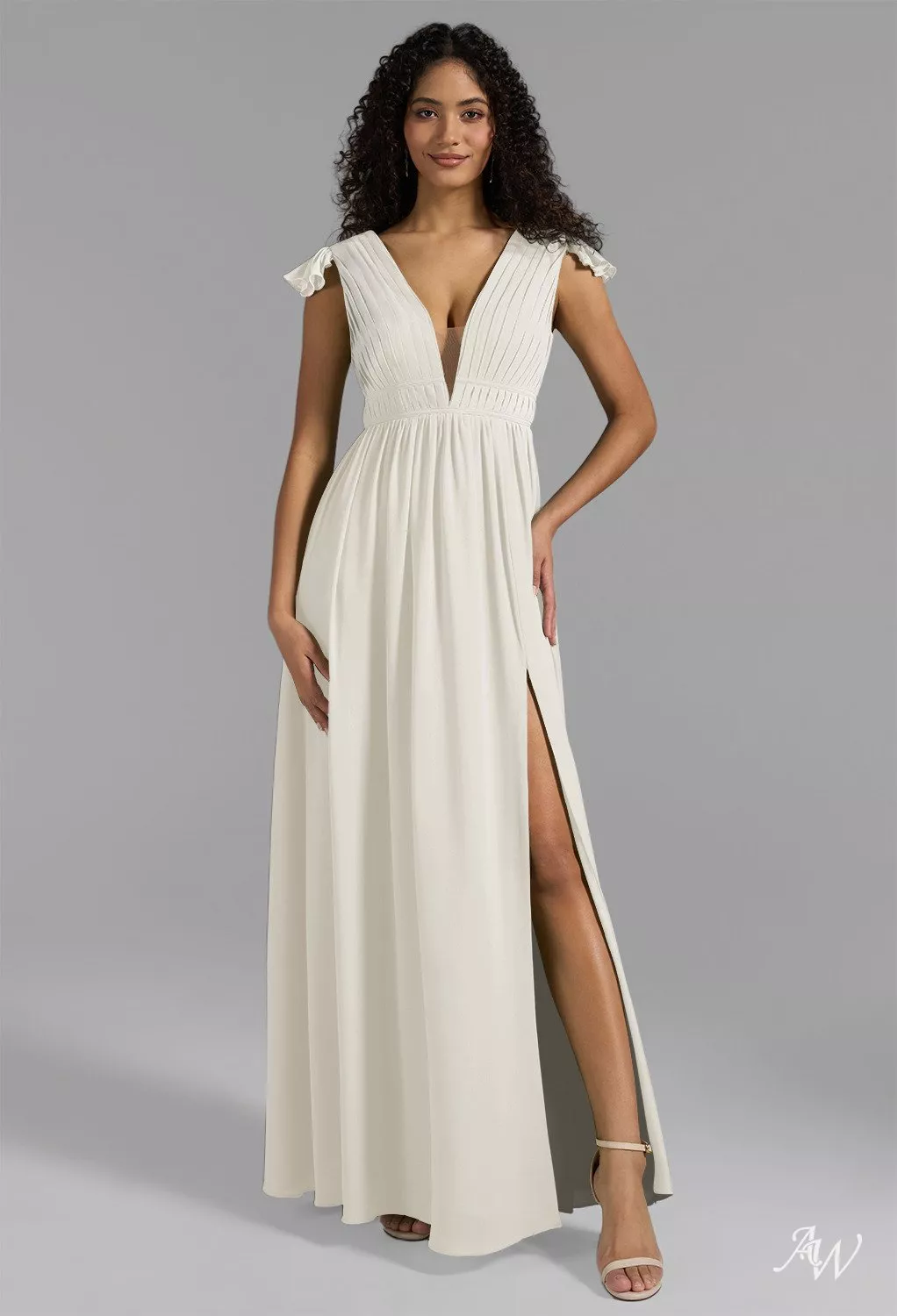 AW.Bridal A-line V-Neck Floor Length Short Sleeves Ruching Split Long Bridesmaid Dresses Dress Ivory Size 18