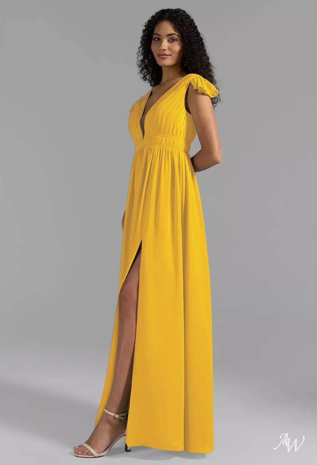 mustard color bridesmaid dresses AW.Bridal A-line V-Neck Floor Length Short Sleeves Ruching Split Wedding Guest Dress Yellow Size 18 Soft Embroidered Gauze Tunic women's outfit Color:nude The bold thigh length