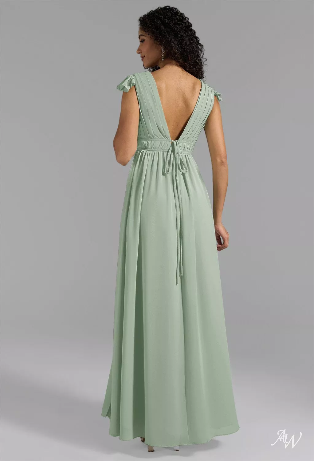 AW.Bridal A-line V-Neck Floor Length Short Sleeves Ruching Split Wedding Guest Dresses Dress Sage Green Size 16