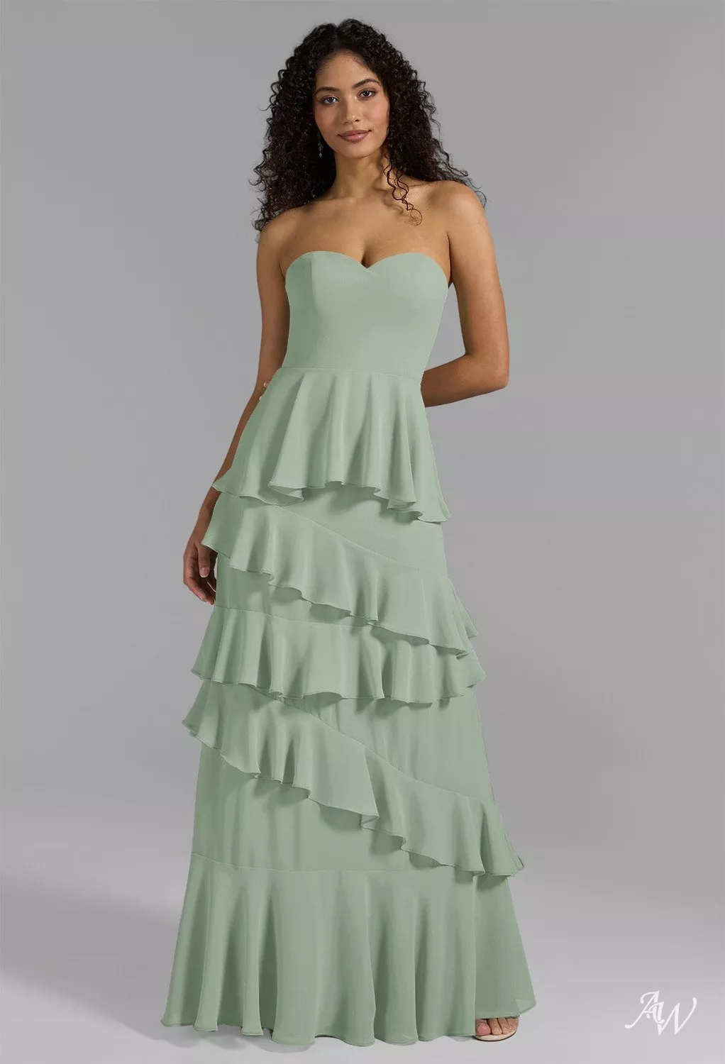 AW.Bridal A-Line Sweetheart Neckline Floor Length Sleeveless Strapless Ruffles Tiered Long Bridesmaid Dresses Dress Sage Green Size 18