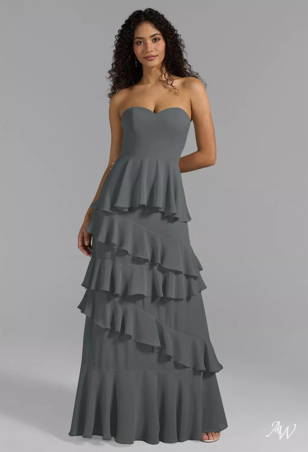 strapless grey bridesmaid dresses AW.Bridal A-line Sweetheart Neckline Floor Length Sleeveless Ruffles Tiered Wedding Guest Dress Steel Gray Size 8 childcraft:atwood