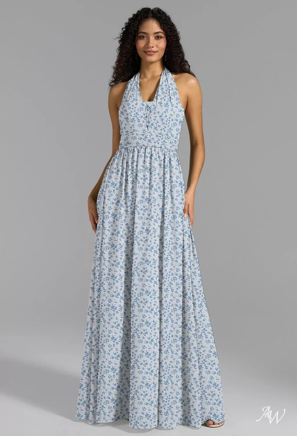 knee length dresses for ladies Zapakasa Women Long Bridesmaid Dress Blue Floral Print A Line Off The Shoulder Party Dress, Blue / Custom main image 0
