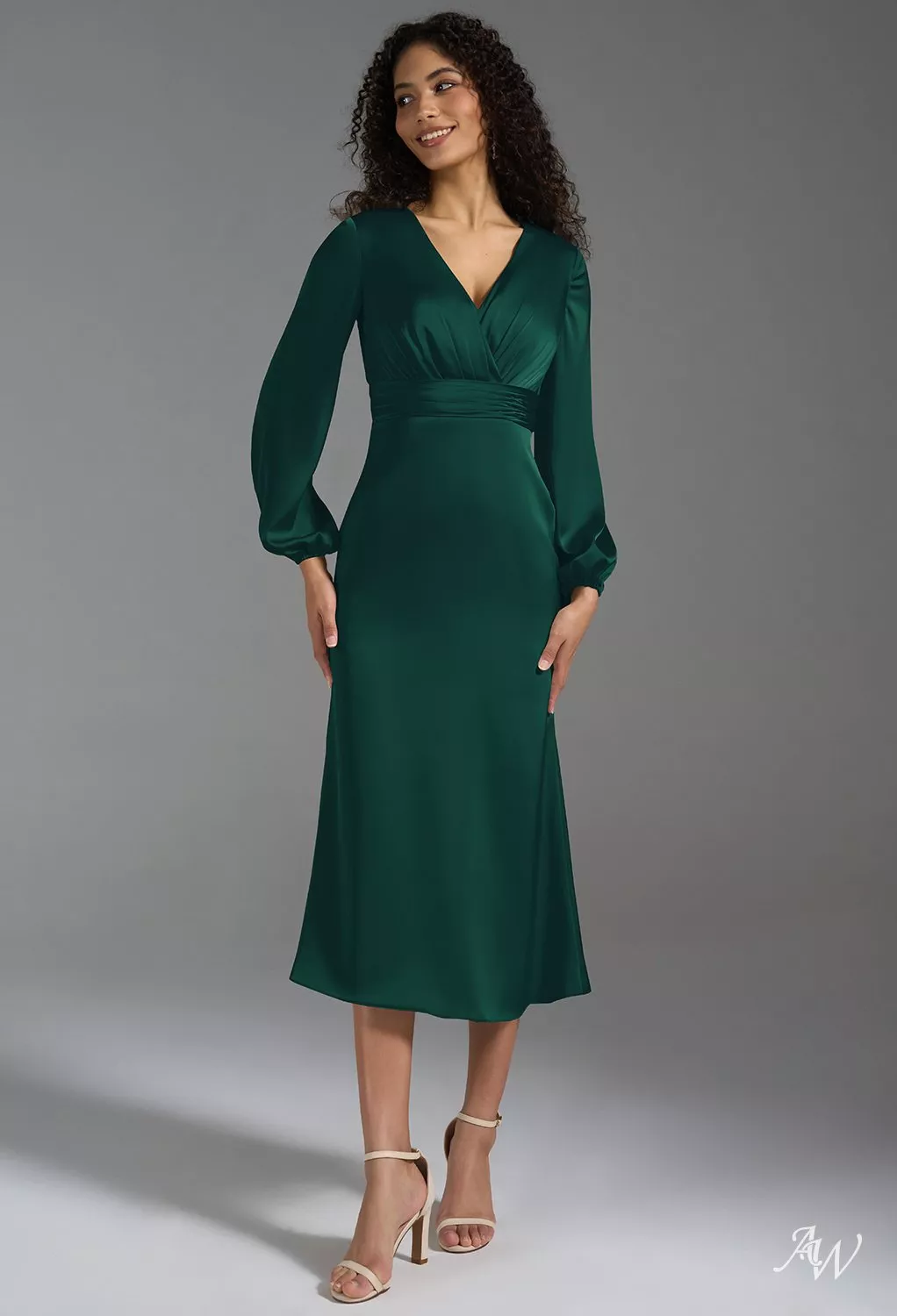 AW.Bridal Mermaid V-Neck Tea Length Satin Wedding Guest Dresses Dress Hunter Green Size 8