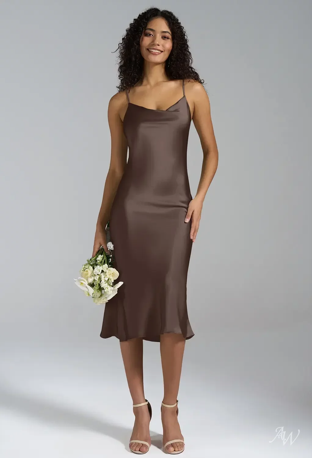 AW.Bridal Mermaid Cowl Neckline Tea Length Sleeveless Spaghetti Straps Satin Short Bridesmaid Dresses Dress Seal Brown Size 18