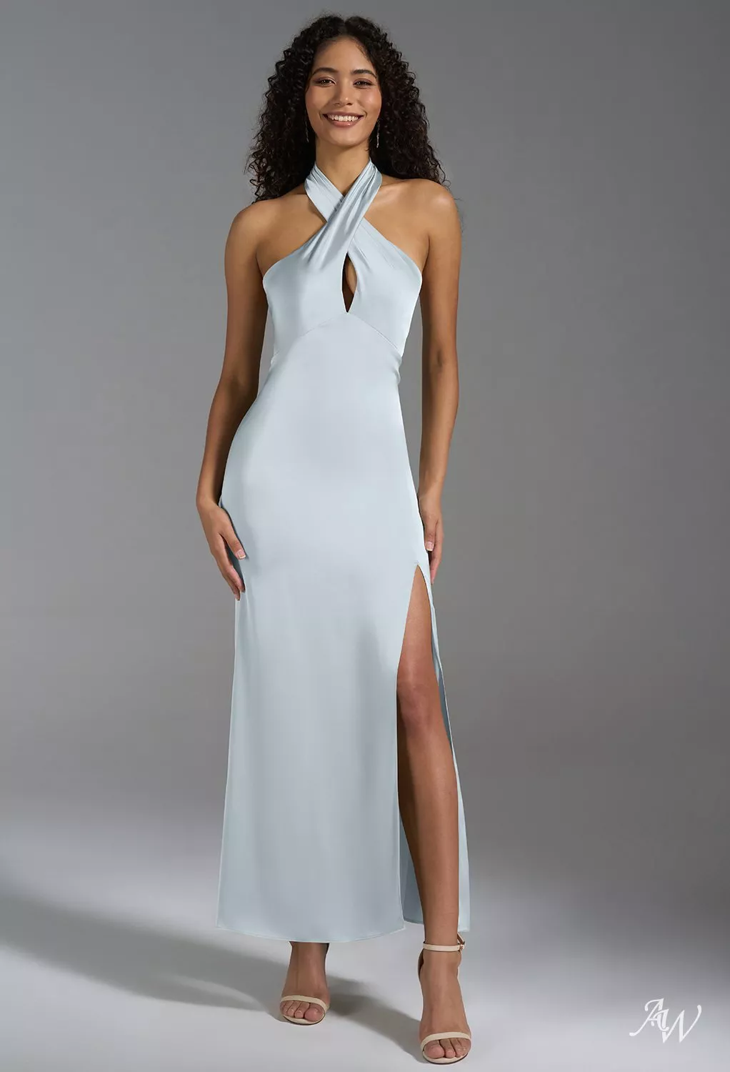 AW Huda Dress, Fennel Seed Crystal Satin Satin Charmeuse Ankle Length  Halter Neckline Bridesmaid Dresses | AW.Bridal