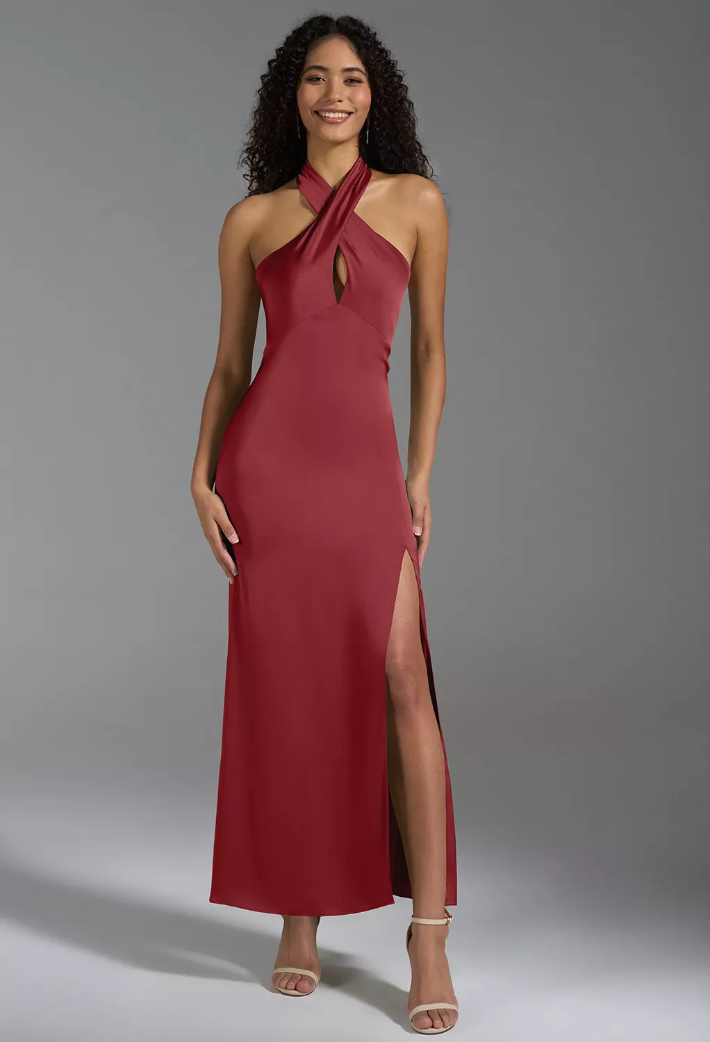 bridesmaid dresses with sleeves burgundy BABARONI Chiffon Cabernet Bridesmaid Dresses Halter Floor-length Sleeveless  Pocket A-line