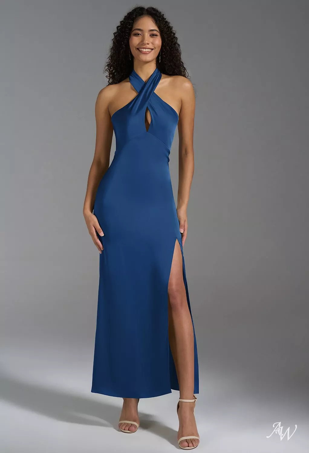 AW Huda Dress, Fennel Seed Crystal Satin Satin Charmeuse Ankle Length  Halter Neckline Bridesmaid Dresses | AW.Bridal