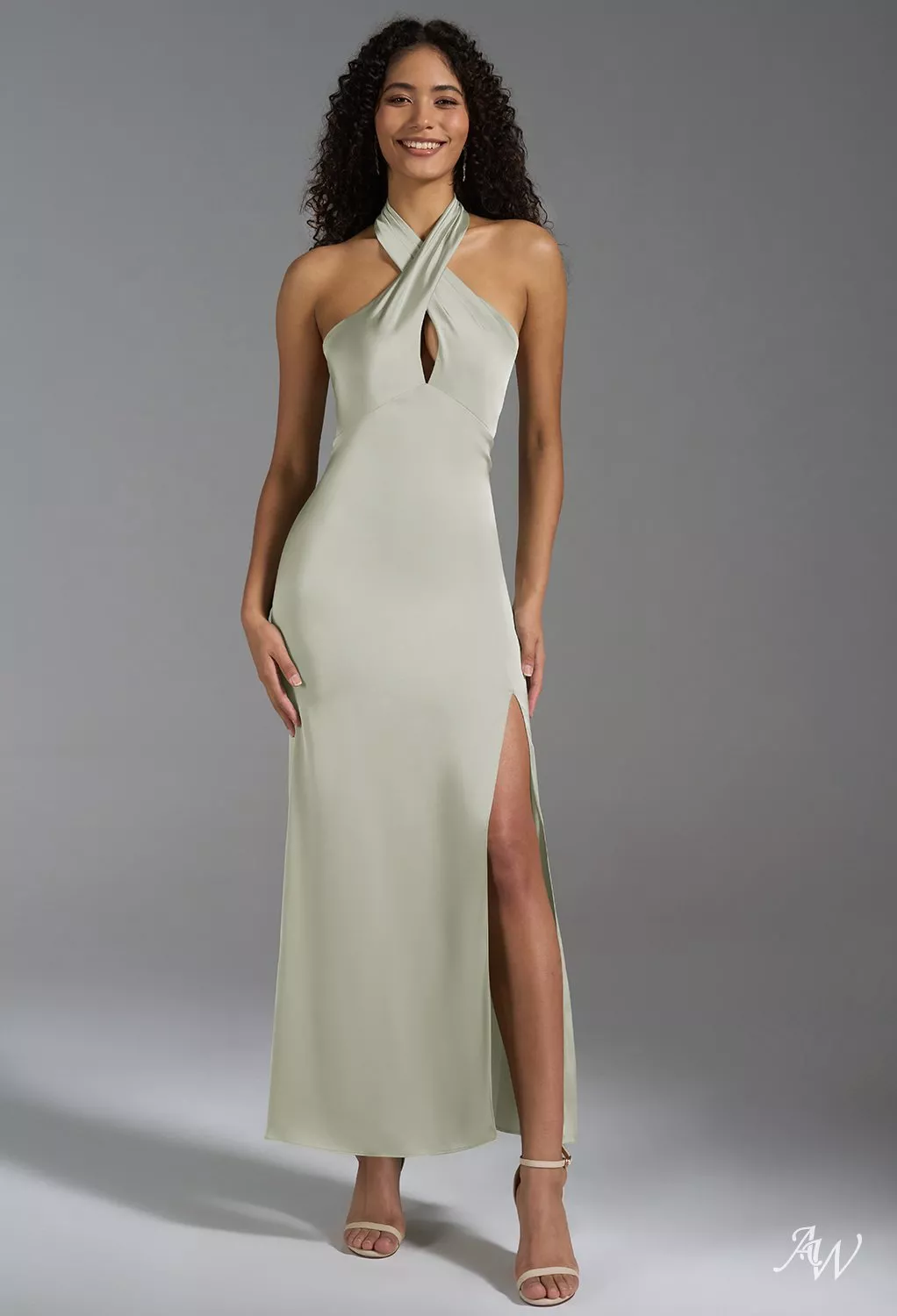 AW.Bridal Mermaid Halter Neckline Ankle Length Satin Backless Split Short Bridesmaid Dresses Dress Sage Green Size 8