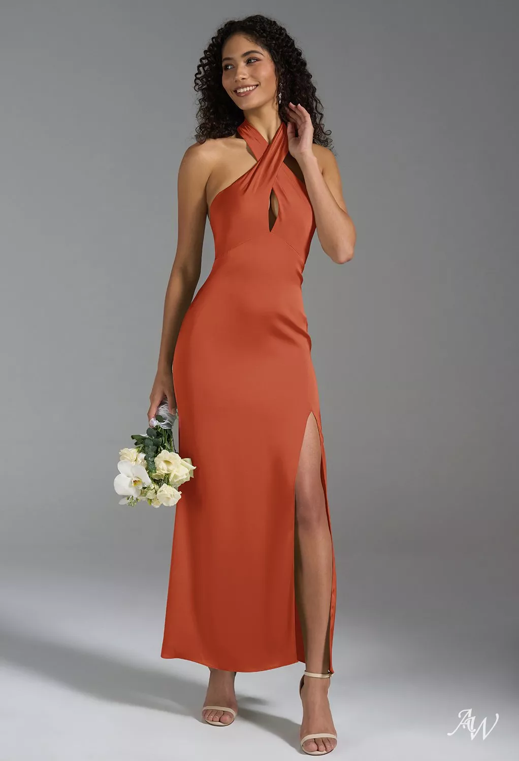 tangerine bridesmaid dresses cheap AW.Bridal Mermaid Halter Neckline Ankle Length Satin Backless Split Wedding Guest Dress Size 18 Homecoming dresses