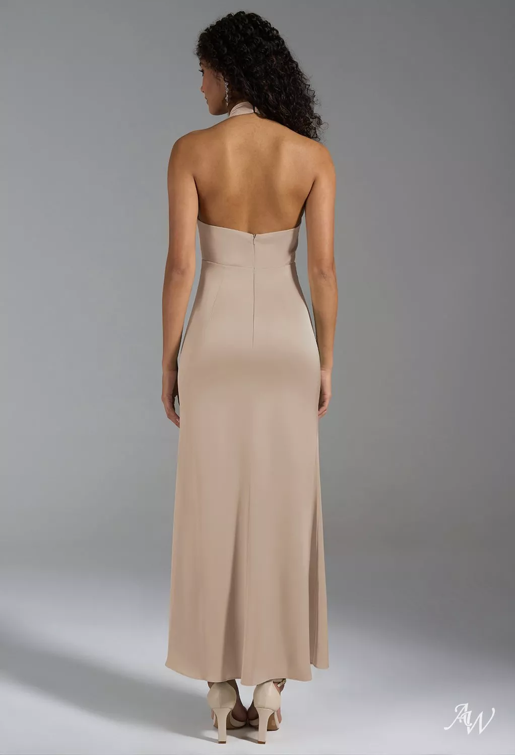 AW Huda Dress, Fennel Seed Crystal Satin Satin Charmeuse Ankle Length Halter  Neckline Bridesmaid Dresses | AW.Bridal