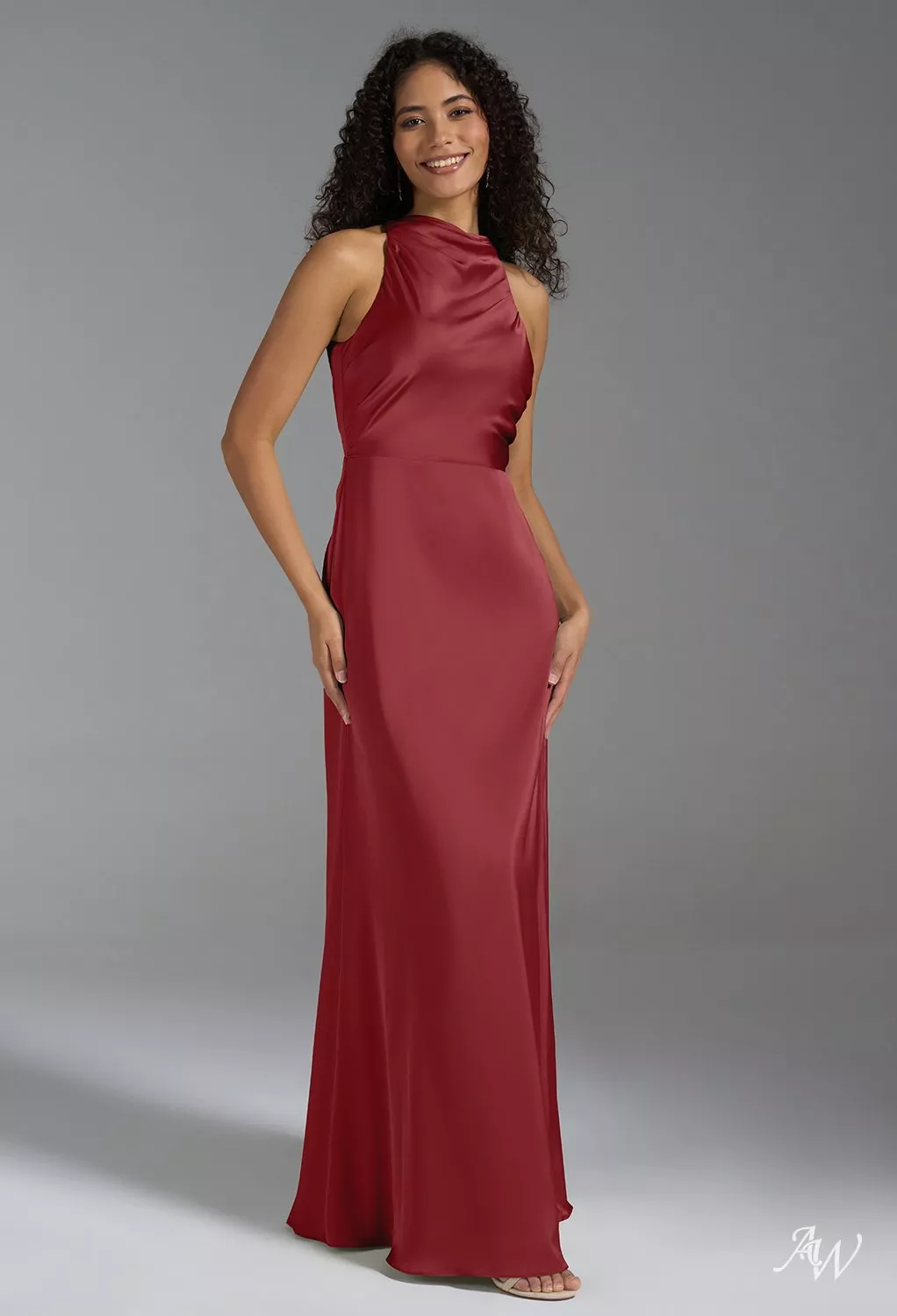 burgundy and green bridesmaid dresses AW.Bridal A-line Halter Neckline Floor Length Satin Crisscross Back Long Dress Size 18 cultural gown for ladies