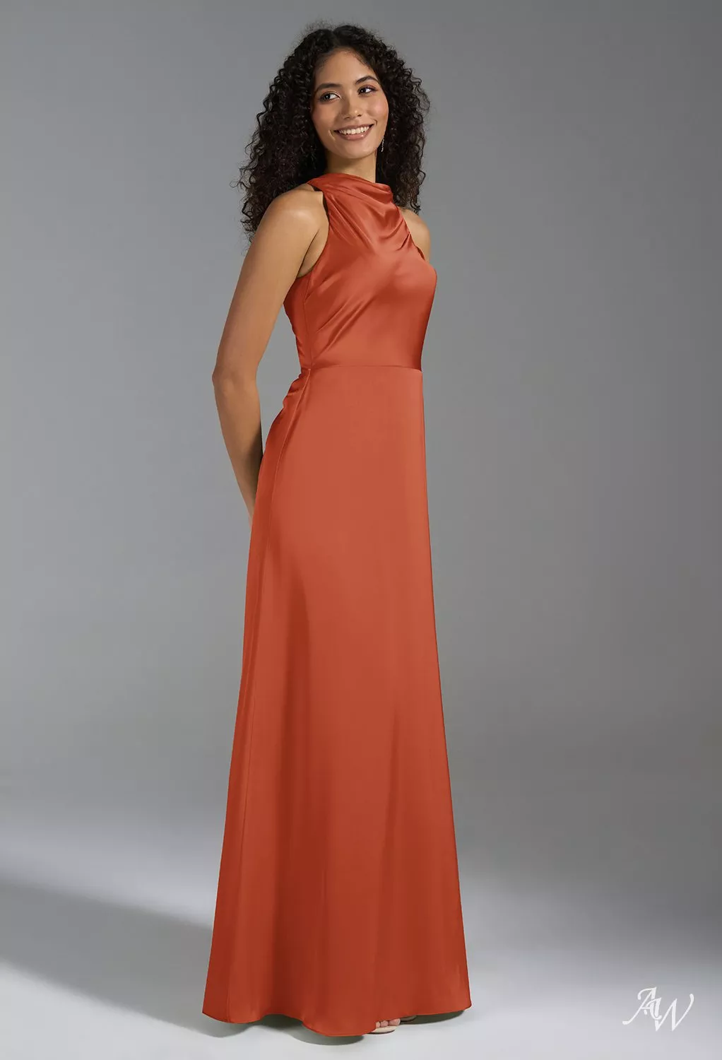 bridesmaid dresses tangerine AW.Bridal A-line Halter Neckline Floor Length Satin Crisscross Back Long Dress Size 8 Burnt orange bridesmaid
