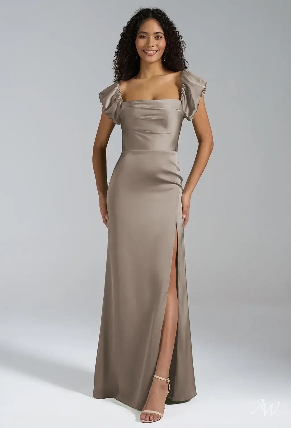 AW.Bridal Mermaid Straight Neckline Floor Length Off the Shoulder Satin Split Long Bridesmaid Dresses Dress Timber Wolf Size 16