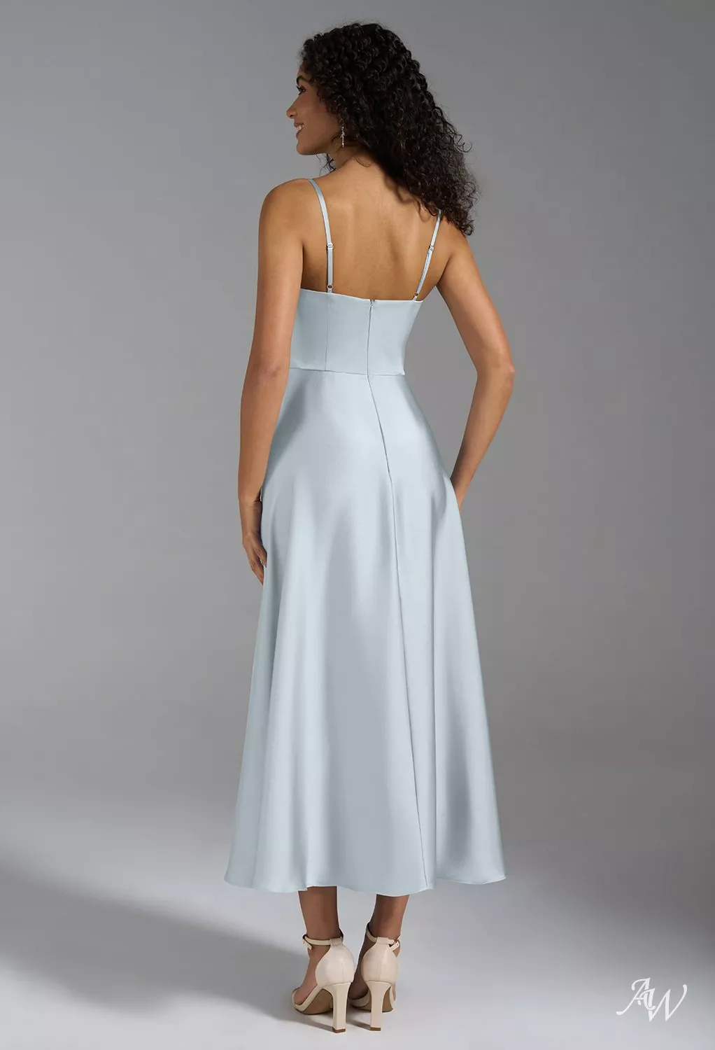AW Lexi Dress, Sage Green Crystal Satin Satin Charmeuse Tea Length  Sweetheart Neckline Bridesmaid Dresses