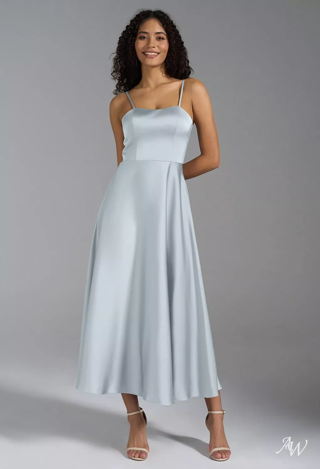 AW.Bridal A-line Sweetheart Neckline Tea Length Sleeveless Spaghetti Straps Satin Wedding Guest Dresses Dress Baby Blue Size 8