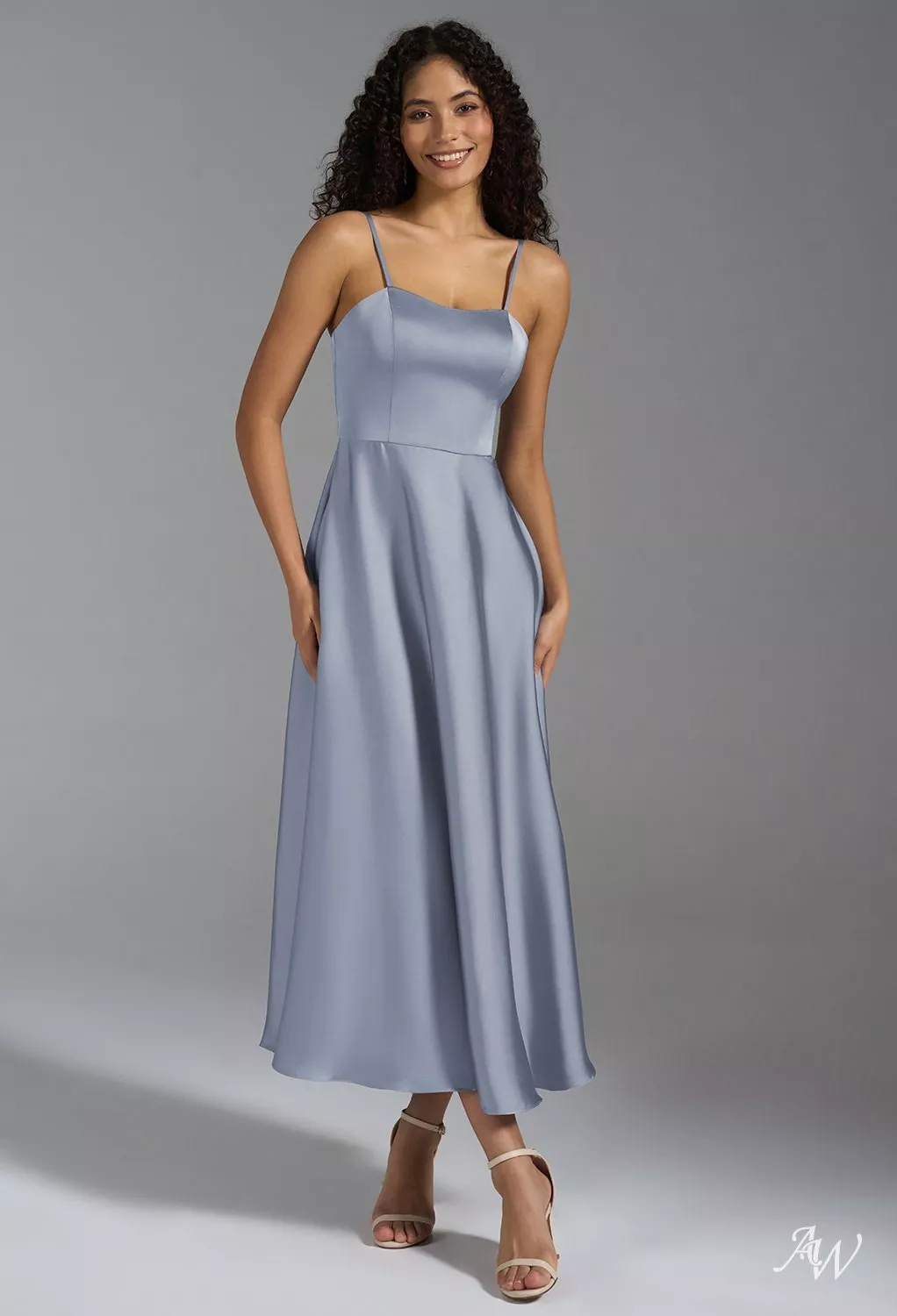AW Lexi Dress, Sage Green Crystal Satin Satin Charmeuse Tea Length  Sweetheart Neckline Bridesmaid Dresses | AW.Bridal