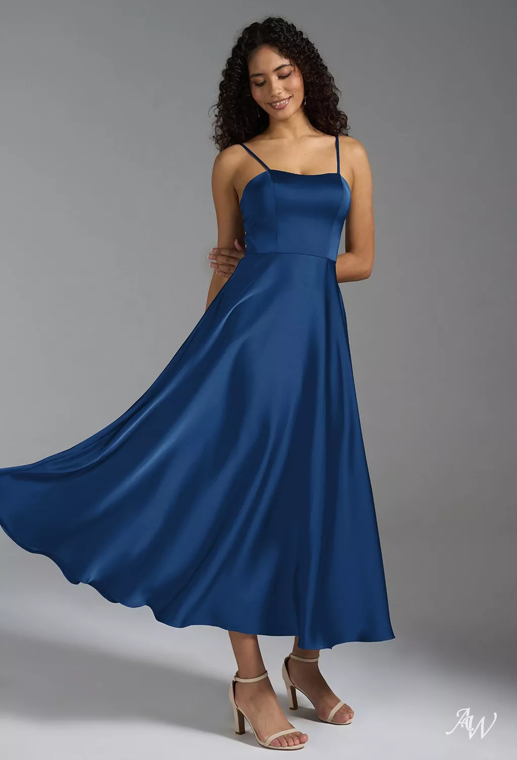 AW.Bridal A-line Sweetheart Neckline Tea Length Sleeveless Spaghetti Straps Satin Wedding Guest Dresses Dress Navy Size 8