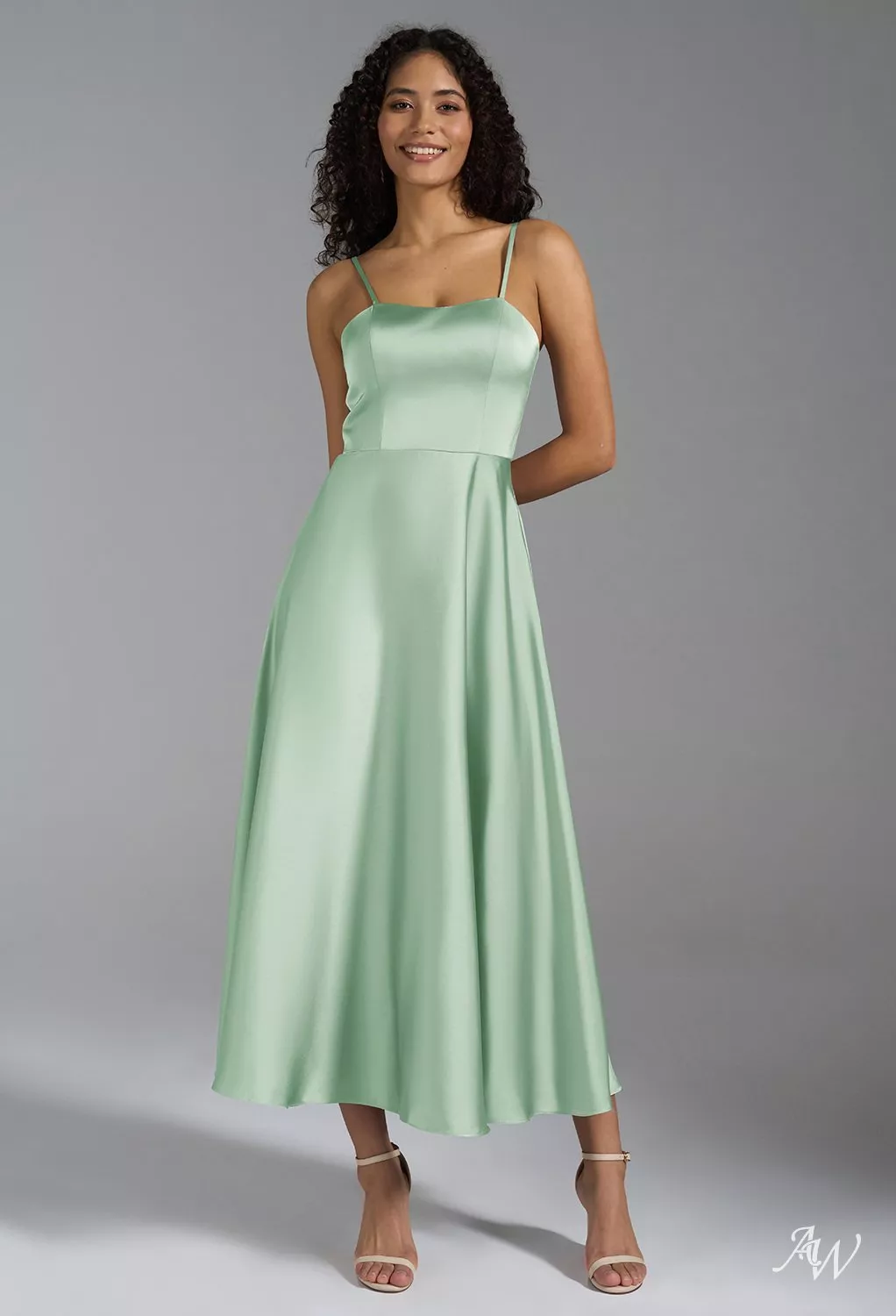 AW.Bridal A-Line Sweetheart Neckline Tea Length Sleeveless Spaghetti Straps Satin Wedding Guest Dresses Dress Reed Size 8