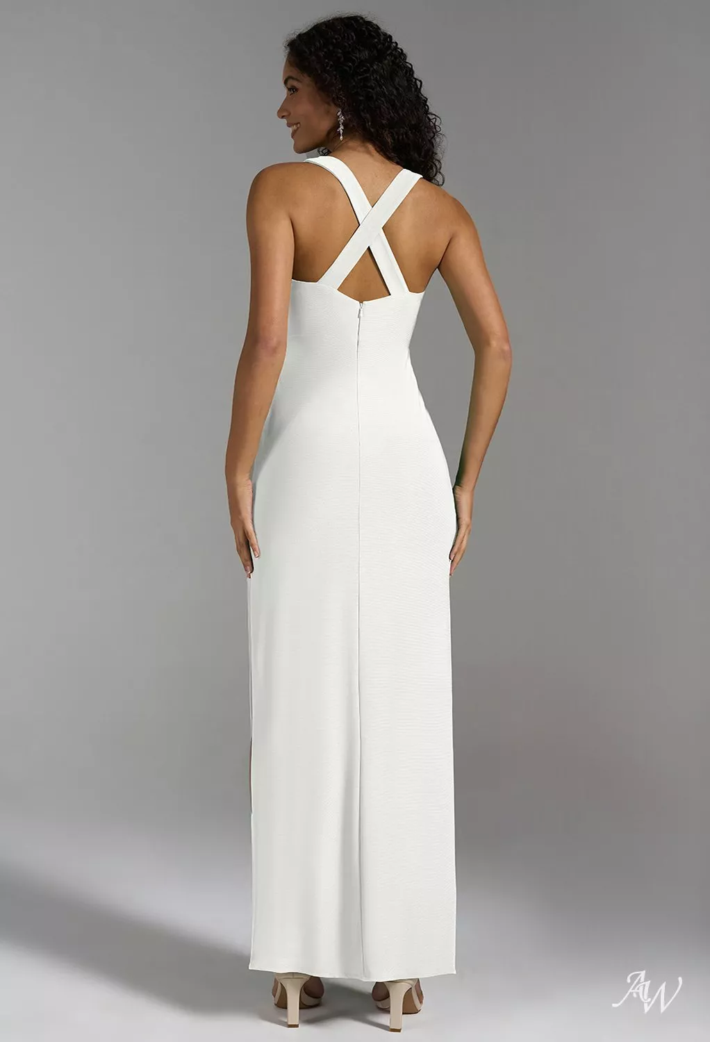 AW.Bridal Column Square Neckline Floor Length Split Crisscross Back Long Bridesmaid Dresses Dress White Size 6