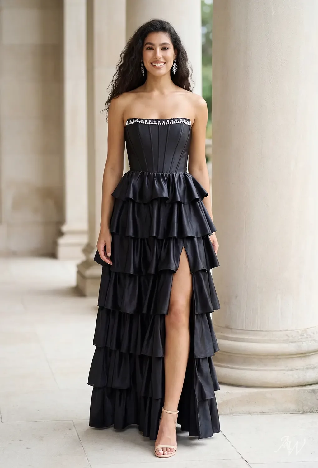 xscape a line dresses Black and White A-Line High Neck Long Formal Dress main image 0