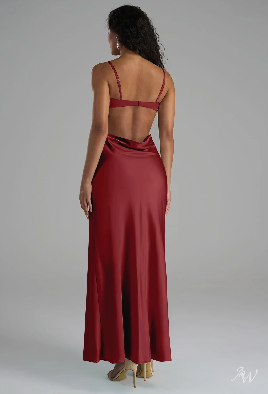 AW.Bridal Column Square Neckline Ankle Length Sleeveless Spaghetti Straps Satin Wedding Guest Dresses Dress Burgundy Size 16