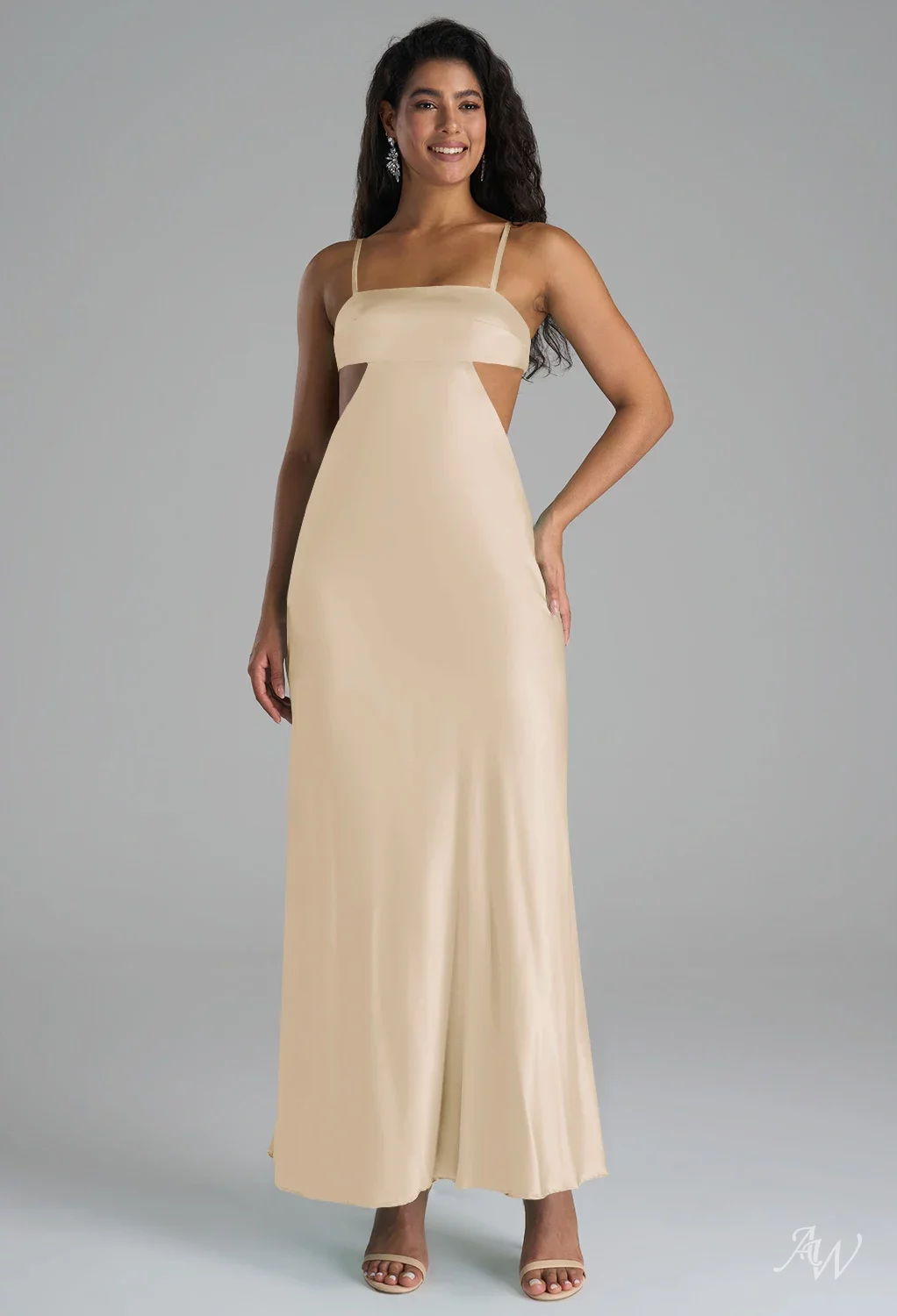 AW.Bridal Column Square Neckline Ankle Length Sleeveless Spaghetti Straps Satin Wedding Guest Dresses Dress Champagne Size 18