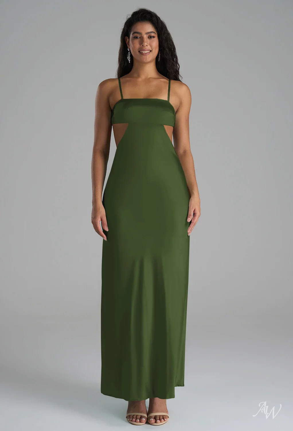 open lace back dress Olive Green Spaghetti Straps Pearl Wedding Guest Dress with Split main image 0