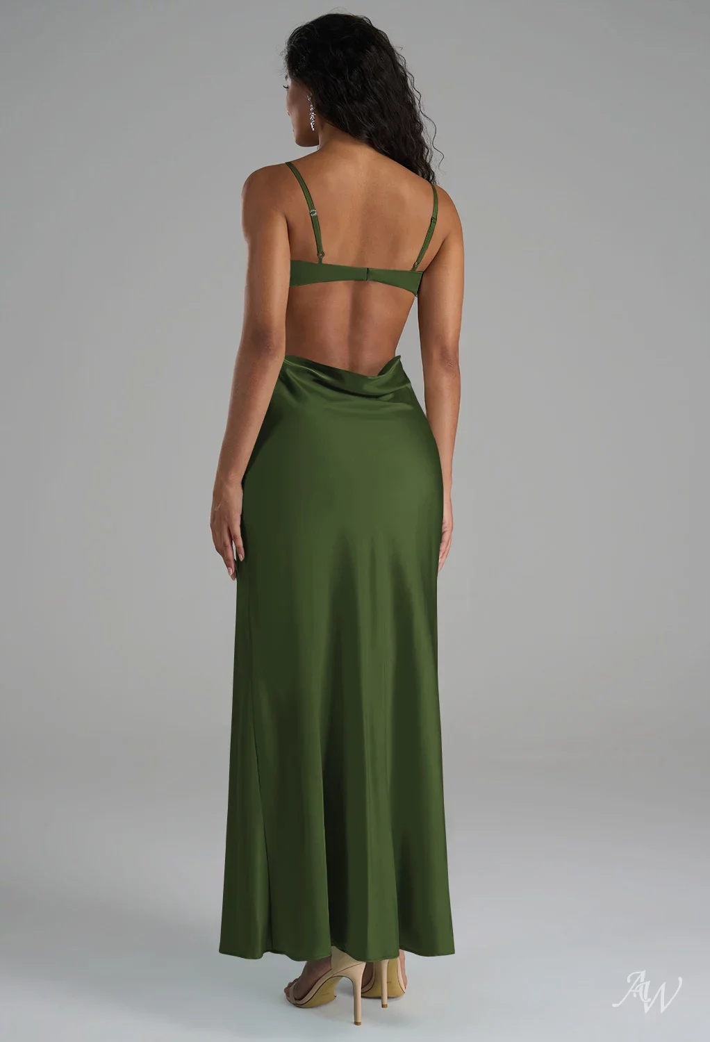 AW.Bridal Column Square Neckline Ankle Length Sleeveless Spaghetti Straps Satin Wedding Guest Dresses Green Olive Size 18