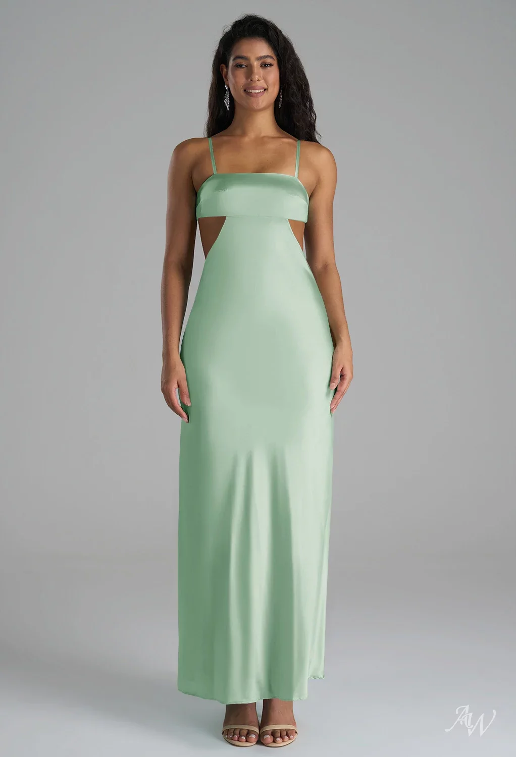 AW.Bridal Column Square Neckline Ankle Length Sleeveless Spaghetti Straps Satin Wedding Guest Dresses Dress Reed Size 16