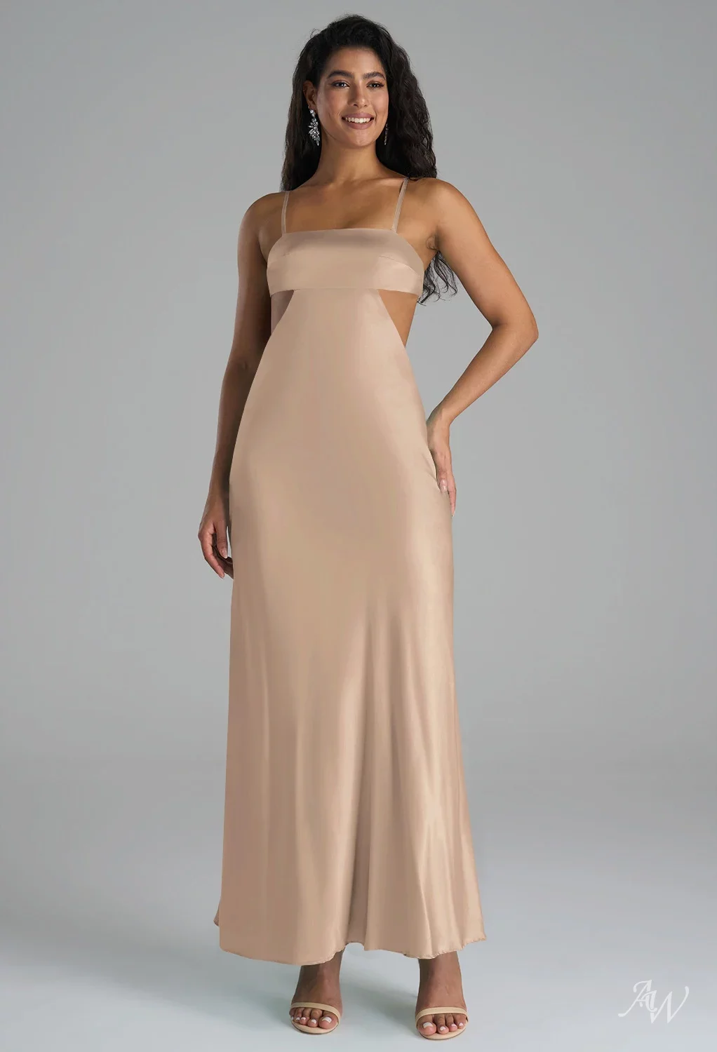 AW.Bridal Column Square Neckline Ankle Length Sleeveless Spaghetti Straps Satin Wedding Guest Dresses Taupe Size 6