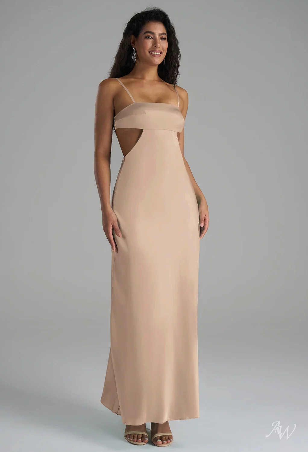 AW.Bridal Column Square Neckline Ankle Length Sleeveless Spaghetti Straps Satin Wedding Guest Dresses Taupe Size 6