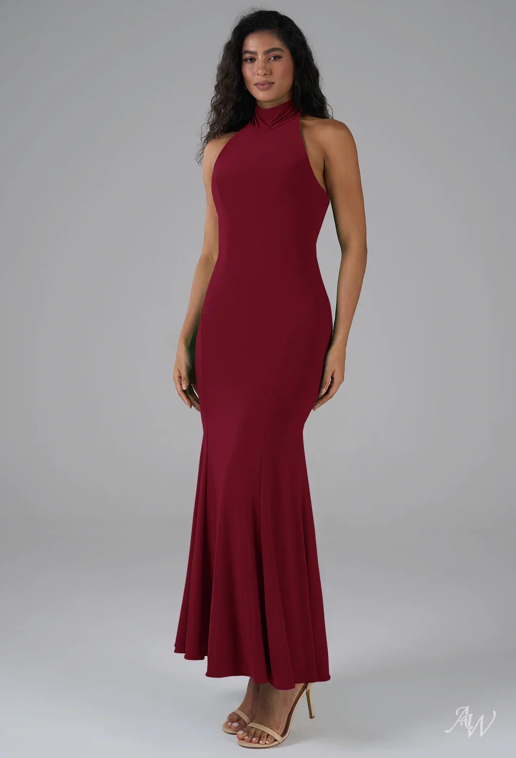 AW.Bridal Mermaid Halter Neckline Ankle Length Sleeveless Long Bridesmaid Dresses Dress Burgundy Size 6