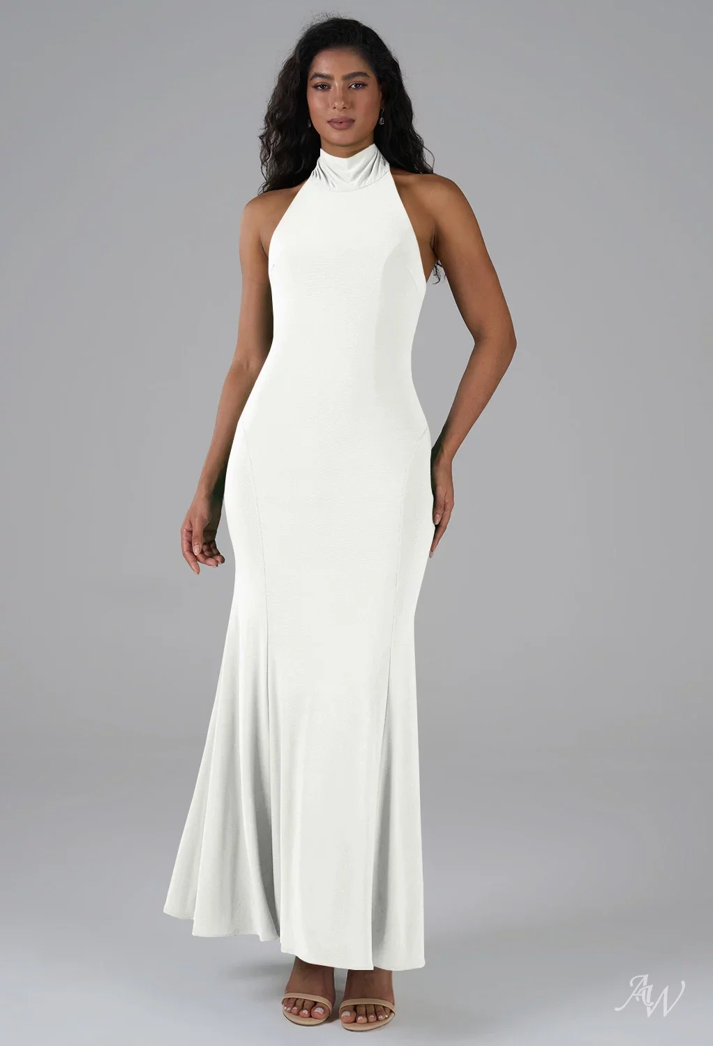 AW.Bridal Mermaid Halter Neckline Ankle Length Sleeveless Long Bridesmaid Dresses Dress White Size 18