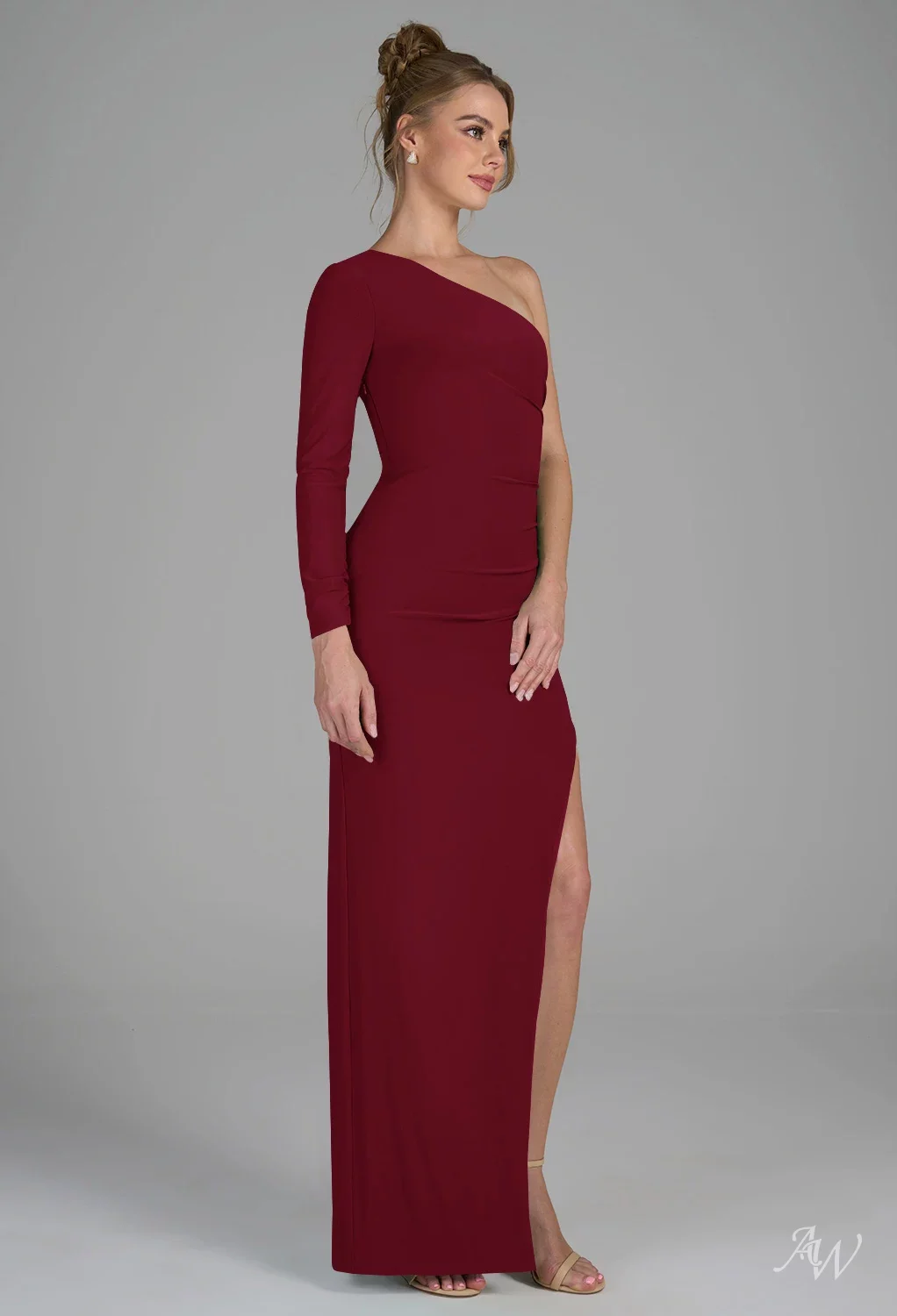 burgundy column dress Elera Plunging Column Evening Gown  Designer Formal Dress by Nadia's Made to Order / Burgundy / 12