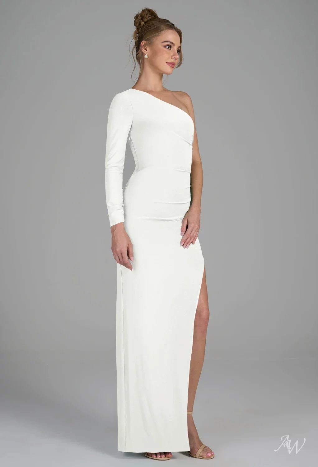AW.Bridal Column One Shoulder Floor Length Long Sleeves Ruching Split Wedding Guest Dresses Dress White Size 4