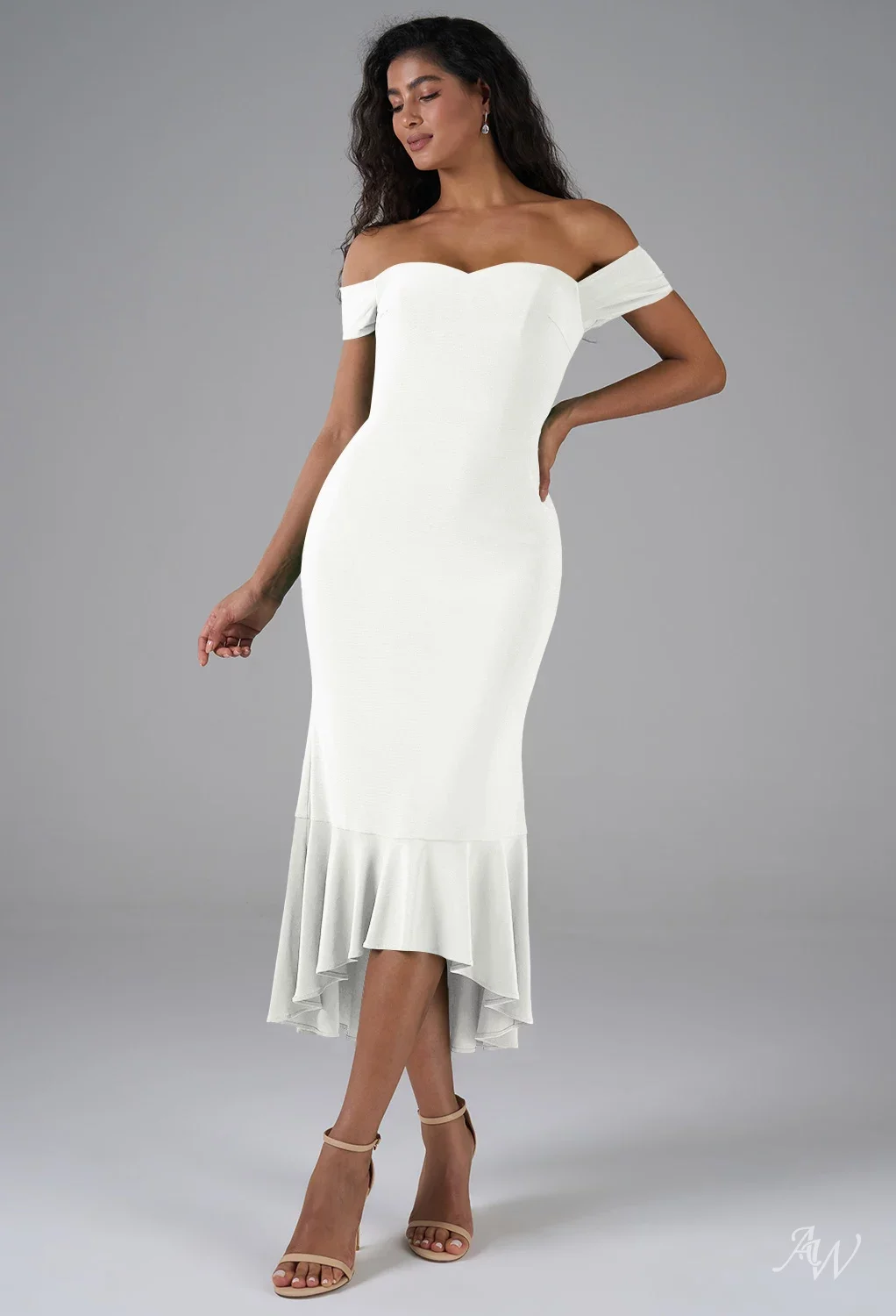 white mermaid cocktail dress AW.Bridal Mermaid Sweetheart Neckline Tea Length Off the Shoulder Stretch knitted fabric Wedding Guest Dresses White Size 4