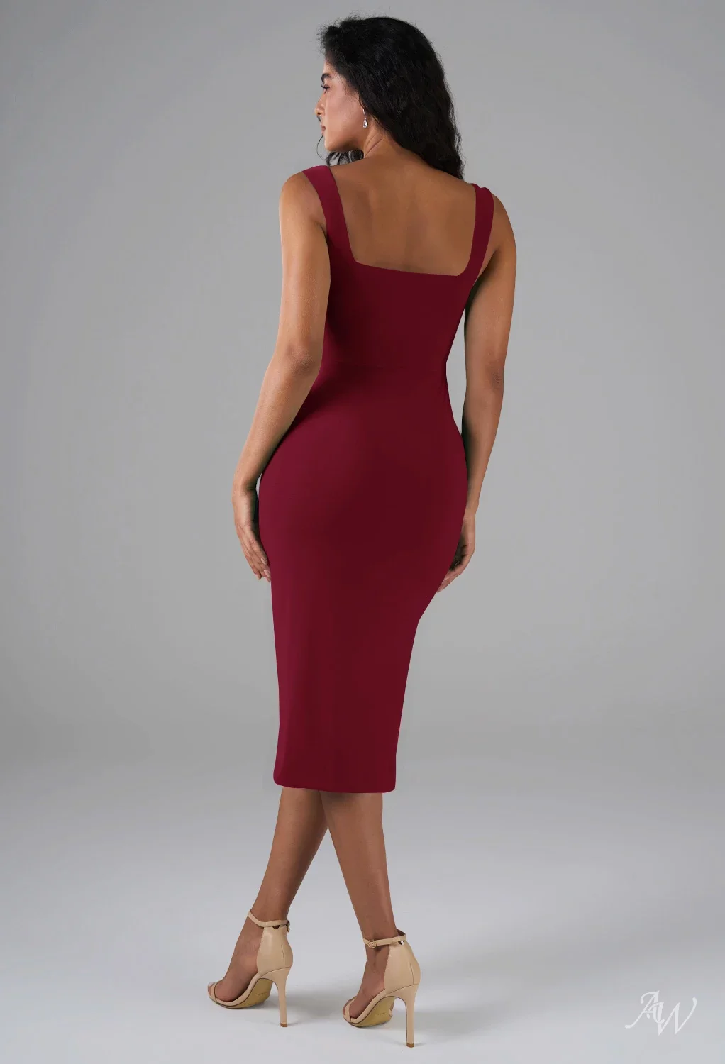 AW.Bridal Column Square Neckline Tea Length Sleeveless Split Wedding Guest Dresses Dress Burgundy Size 16