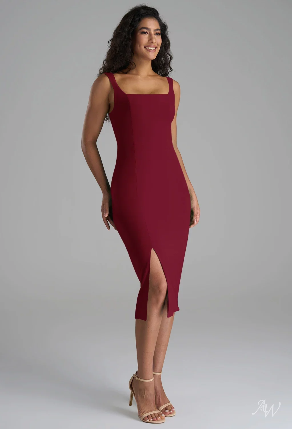 AW.Bridal Column Square Neckline Tea Length Sleeveless Split Wedding Guest Dresses Dress Burgundy Size 16