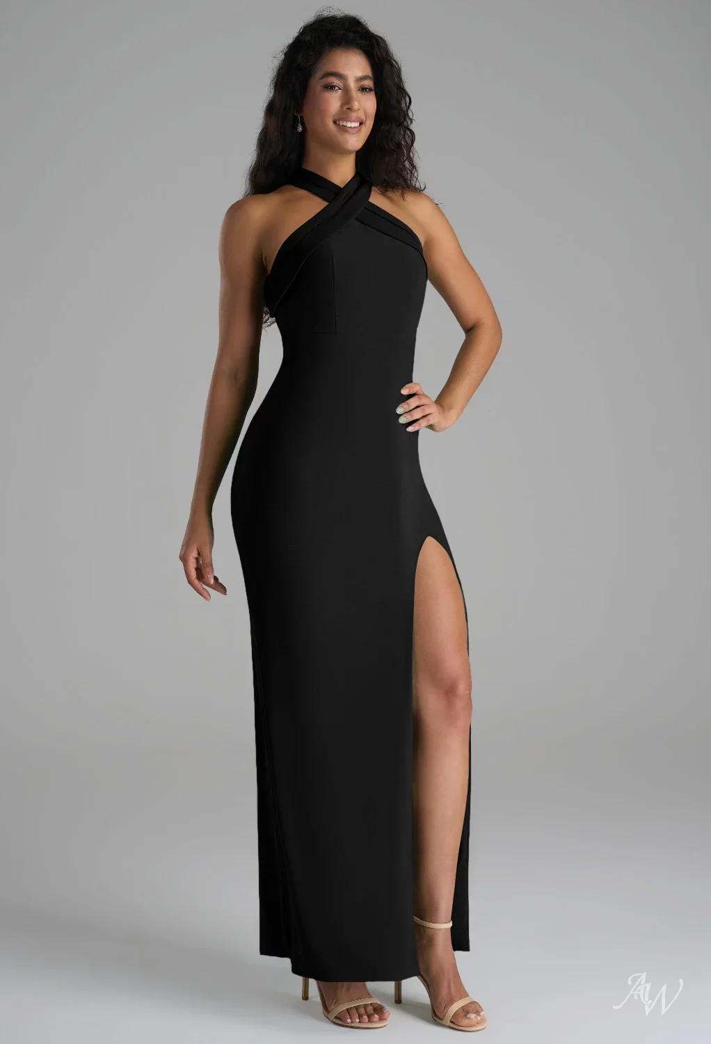 AW.Bridal Column V-Neck Floor Length Sleeveless Split Crisscross Back Wedding Guest Dresses Dress Black Size 4