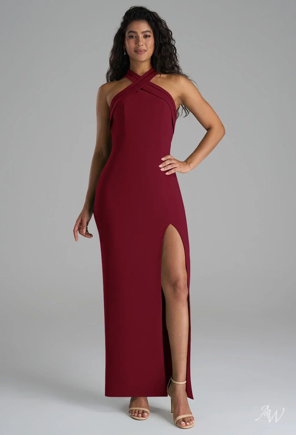 AW.Bridal Column V-Neck Floor Length Sleeveless Split Crisscross Back Wedding Guest Dresses Dress Burgundy Size 6