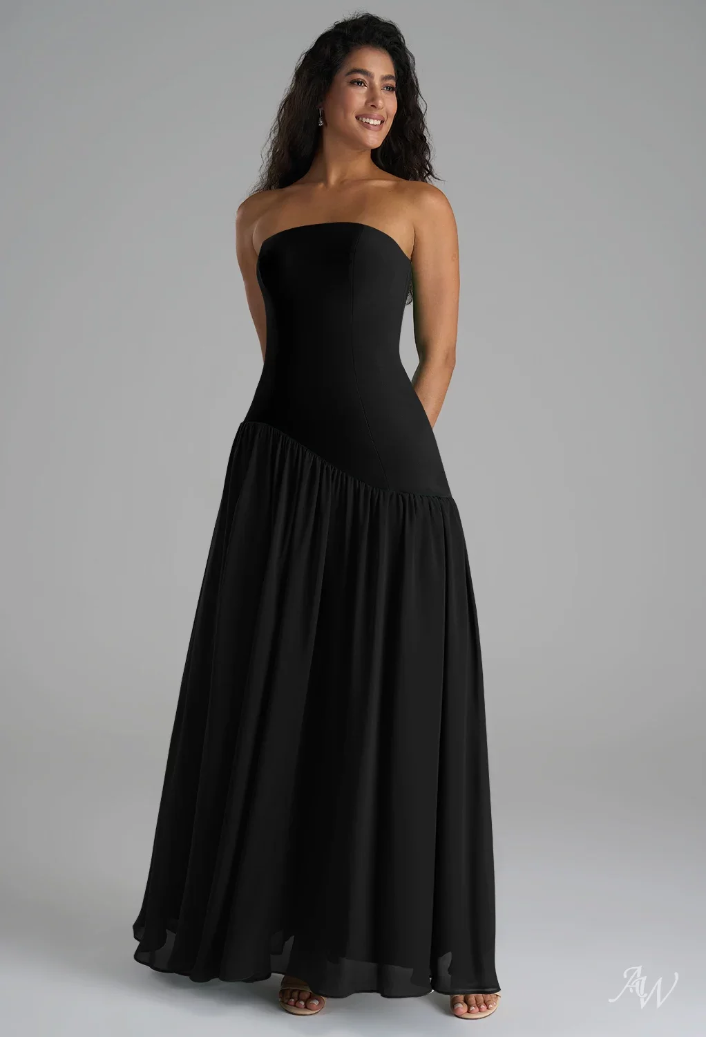 AW.Bridal A-line Straight Neckline Floor Length Sleeveless Strapless Stretch knitted fabric Drop Waist Wedding Guest Dresses Black Size 16