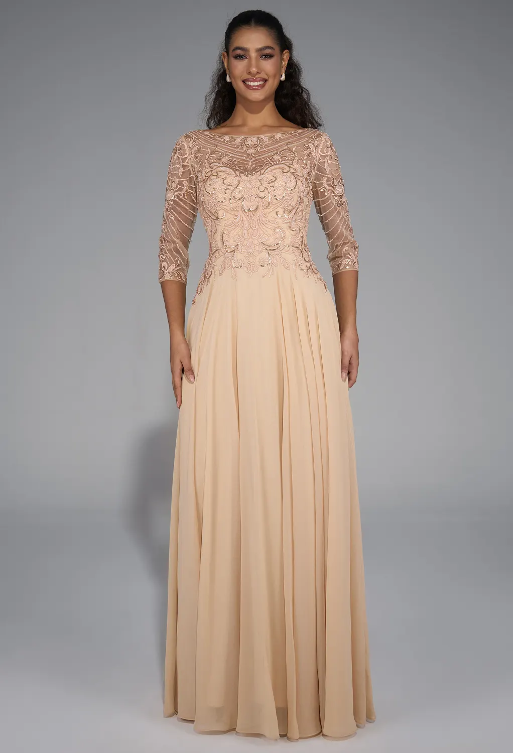 bright pink glitter dress Sheath/Column V-Neck 3/4 Length Sleeve Floor-Length Mother of the Bride Dresses with Sequins Beading Champagne