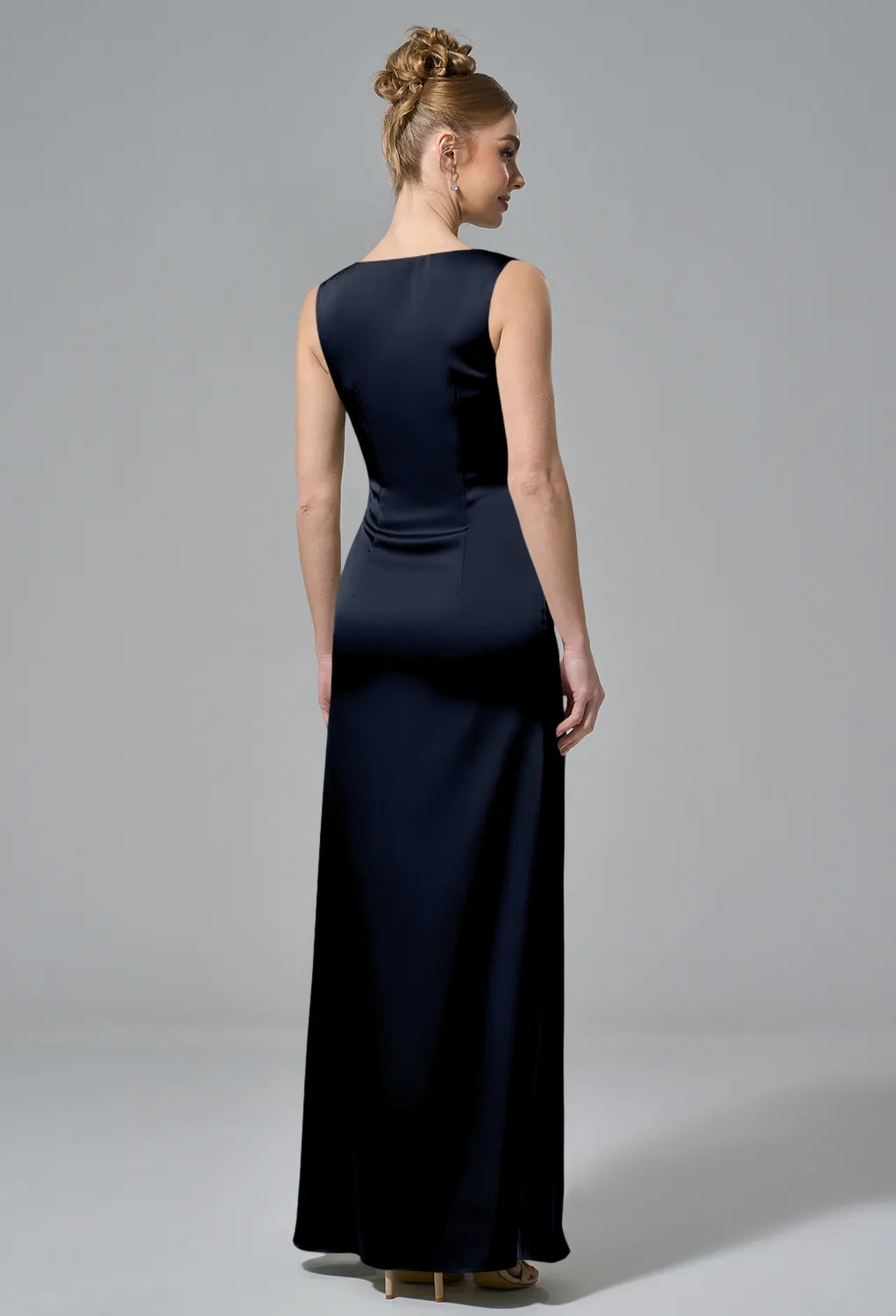 navy satin bridesmaid dress Dark Navy Satin Bridesmaid Dress with Sleeveless - Navy Blue Bridesmaid Dresses with V-Neck - Multiple Color main image 0